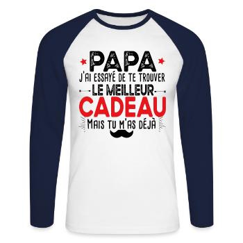 Papa Père Papou Cadeau Vintage T-shirt Mug - T-shirt baseball manches longues Homme - blanc/marine - Devant - Nik (191cm)