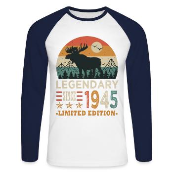 1945 legendary anniversaire Né en 1945 - T-shirt baseball manches longues Homme - blanc/marine - Devant - Nik (191cm)