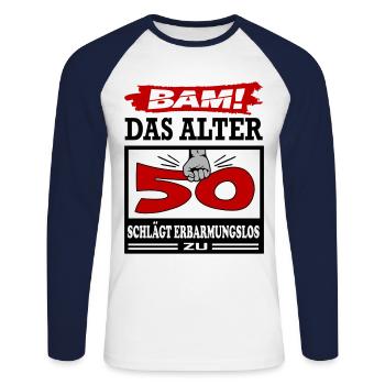 Geburtstag 50 Bam Boom Bombe Alter schlägt zu - Unisex Baseballshirt langarm - Weiß/Navy - Vorne - Nik (191cm)