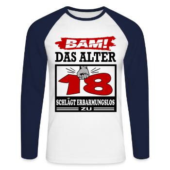 Geburtstag 18 Bam Boom Bombe Alter schlägt zu - Unisex Baseballshirt langarm - Weiß/Navy - Vorne - Nik (191cm)