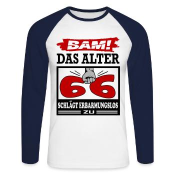 Geburtstag 66 Bam Boom Bombe Das Alter schlägt zu - Unisex Baseballshirt langarm - Weiß/Navy - Vorne - Nik (191cm)