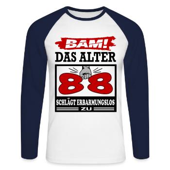 Geburtstag 88 Bam Boom Bombe Das Alter schlägt zu - Unisex Baseballshirt langarm - Weiß/Navy - Vorne - Nik (191cm)
