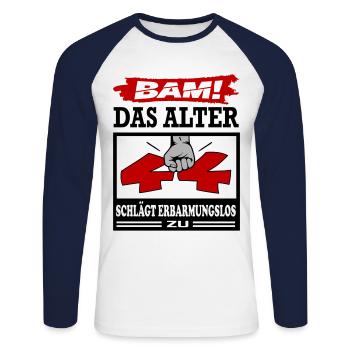 Geburtstag 44 Bam Boom Bombe Das Alter schlägt zu - Unisex Baseballshirt langarm - Weiß/Navy - Vorne - Nik (191cm)
