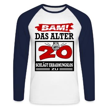 Geburtstag 20 Bam Boom Bombe Das Alter schlägt zu - Unisex Baseballshirt langarm - Weiß/Navy - Vorne - Nik (191cm)