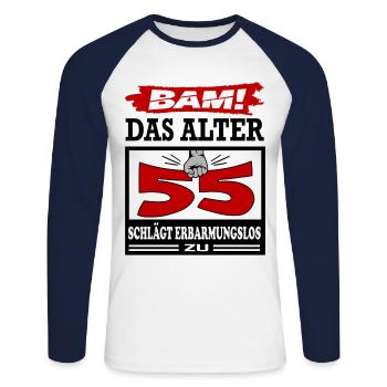 Geburtstag 55 Bam Boom Bombe Das Alter schlägt zu - Unisex Baseballshirt langarm - Weiß/Navy - Vorne - Nik (191cm)