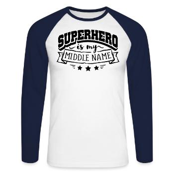 Le super héros est mon deuxième prénom - T-shirt baseball manches longues Homme - blanc/marine - Devant - Nik (191cm)