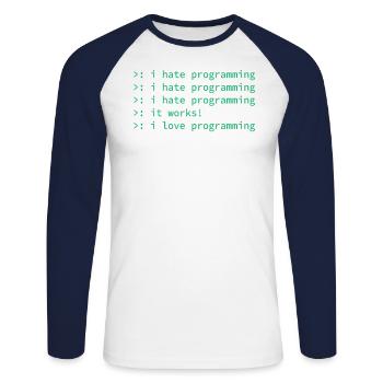 Programmeur déteste cadeau geek geek geek drôle - T-shirt baseball manches longues Homme - blanc/marine - Devant - Nik (191cm)