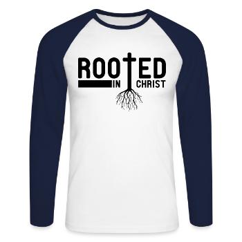 Enraciné dans le Christ - T-shirt baseball manches longues Homme - blanc/marine - Devant - Nik (191cm)