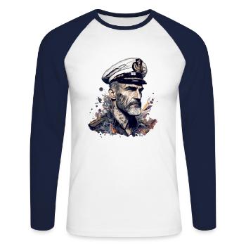 Le capitaine et son voilier, marin - T-shirt baseball manches longues Homme - blanc/marine - Devant - Nik (191cm)