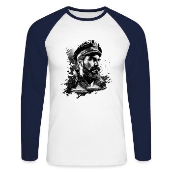 Aventure en haute mer, voilier - T-shirt baseball manches longues Homme - blanc/marine - Devant - Nik (191cm)