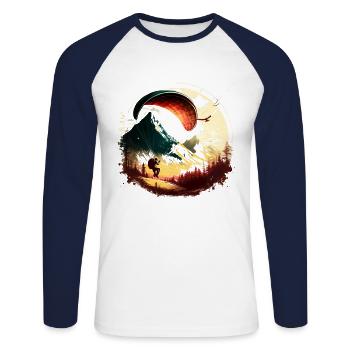 Gleitschirmfliegen in den Bergen, Genuss pur! - Unisex Baseballshirt langarm - Weiß/Navy - Vorne - Nik (191cm)