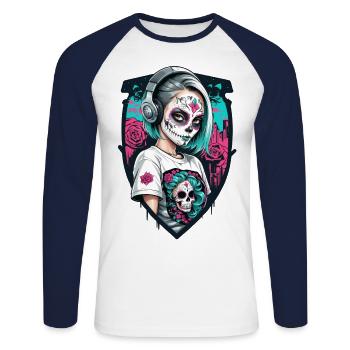 Sugar Skull Girl in a Shield Frame - Unisex Long Sleeve Baseball T-Shirt - white/navy - Front - Nik (191cm)