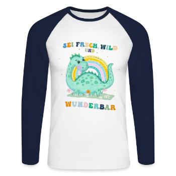Dinosaurier. Sei frech, wild und wunderbar. - Unisex Baseballshirt langarm - Weiß/Navy - Vorne - Nik (191cm)