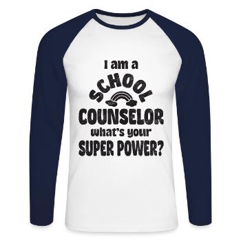 I am a school counselor, what’s your super power? - Unisex Baseballshirt langarm - Weiß/Navy - Vorne - Nik (191cm)