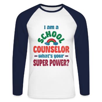 I am a school counselor, what’s your super power? - Unisex Baseballshirt langarm - Weiß/Navy - Vorne - Nik (191cm)