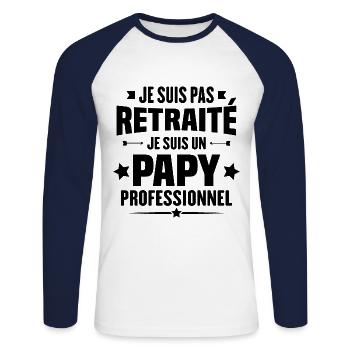 Je suis pas retraite je suis un papy professionnel - T-shirt baseball manches longues Homme - blanc/marine - Devant - Nik (191cm)