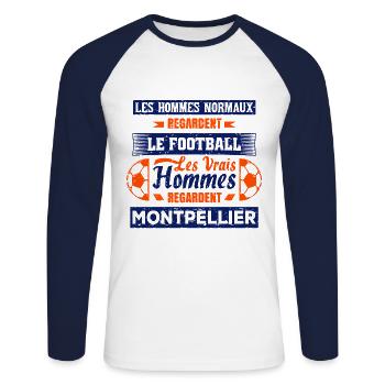 les vrais hommes regardent MONTPELLIER fans club - T-shirt baseball manches longues Homme - blanc/marine - Devant - Nik (191cm)