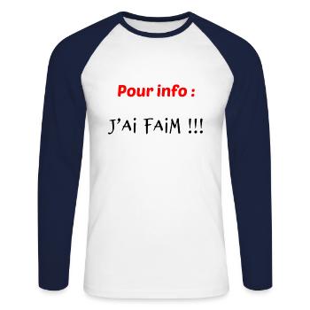 Pour info j'ai faim cadeau original humour drôle - T-shirt baseball manches longues Homme - blanc/marine - Devant - Nik (191cm)