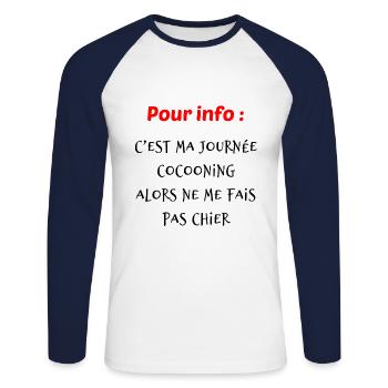 Pour info c'est ma journée cocooning humour cado - T-shirt baseball manches longues Homme - blanc/marine - Devant - Nik (191cm)