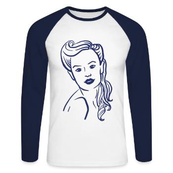 Années 40 / Portrait de femme / Pouvoir des femmes / minavi - T-shirt baseball manches longues Homme - blanc/marine - Devant - Nik (191cm)