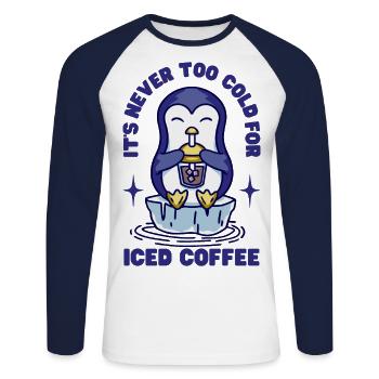 Für Eiskaffee ist es nie zu kalt - Unisex Baseballshirt langarm - Weiß/Navy - Vorne - Nik (191cm)