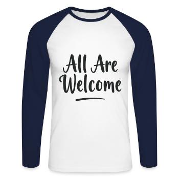 Tous sont les bienvenus - T-shirt baseball manches longues Homme - blanc/marine - Devant - Nik (191cm)