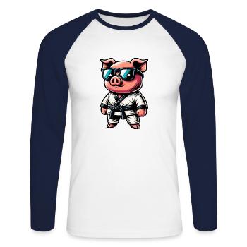 Karate Pig With Sunglasses - Unisex Long Sleeve Baseball T-Shirt - white/navy - Front - Nik (191cm)