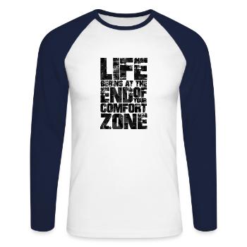 le live commence à la fin de votre zone de confort s - T-shirt baseball manches longues Homme - blanc/marine - Devant - Nik (191cm)