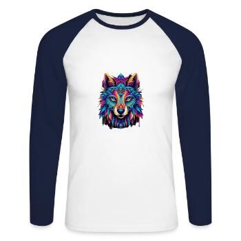 Kaleidoscopic Wolf Circle - Unisex Long Sleeve Baseball T-Shirt - white/navy - Front - Nik (191cm)