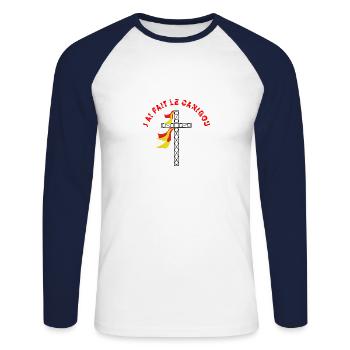 J'ai fait le Canigou - T-shirt baseball manches longues Homme - blanc/marine - Devant - Nik (191cm)