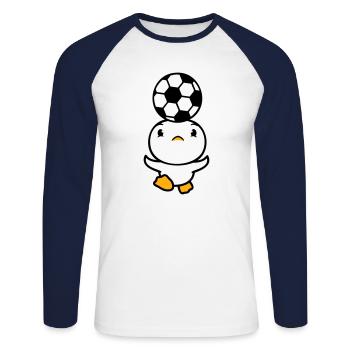 Ente spielt Fußball Kopfball Ball Kopf balancieren - Unisex Baseballshirt langarm - Weiß/Navy - Vorne - Nik (191cm)