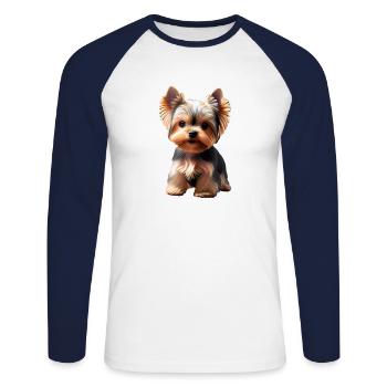 Chien - Yorkshire Terrier - T-shirt baseball manches longues Homme - blanc/marine - Devant - Nik (191cm)