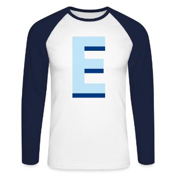 Pop und moderner blauer Buchstabe e - Unisex Baseballshirt langarm - Weiß/Navy - Vorne - Nik (191cm)
