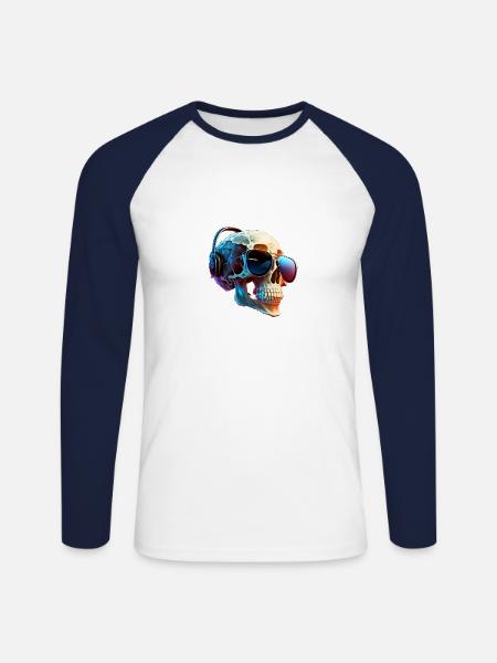Schädel mit Kopfhörer - Unisex Baseballshirt langarm - Weiß/Navy