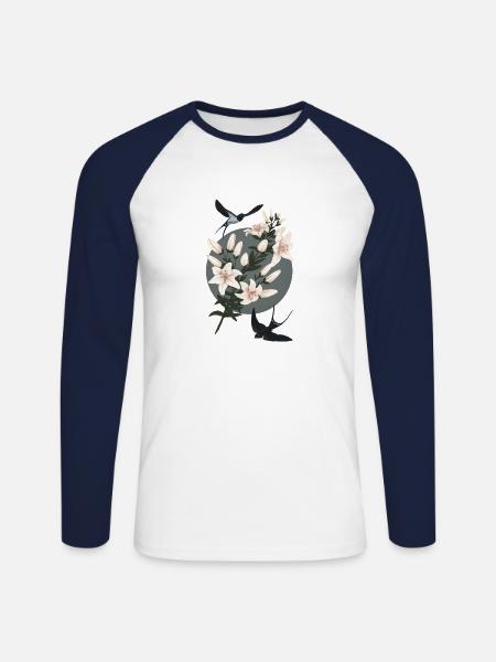 Swallows and lilies - Unisex Long Sleeve Baseball T-Shirt - white/navy