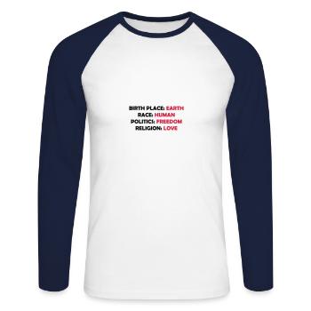 birth race politics religion 2 - Unisex Baseballshirt langarm - Weiß/Navy - Vorne - Nik (191cm)