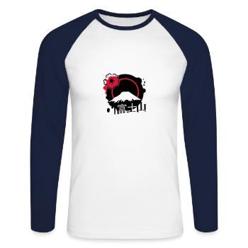 Fujiyama with cherry blossom and calligraphy - Unisex Long Sleeve Baseball T-Shirt - white/navy - Front - Nik (191cm)