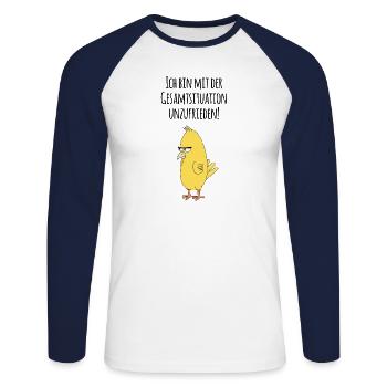 Ich bin mit der Gesamtsituation unzufrieden-Vogel - Unisex Baseballshirt langarm - Weiß/Navy - Vorne - Nik (191cm)