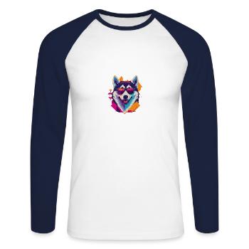 Frosty Fury: Retro Husky T-Shirt - Unisex Baseballshirt langarm - Weiß/Navy - Vorne - Nik (191cm)