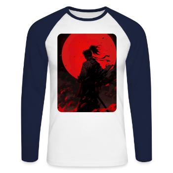 Blutmond Samurai - Unisex Baseballshirt langarm - Weiß/Navy - Vorne - Nik (191cm)