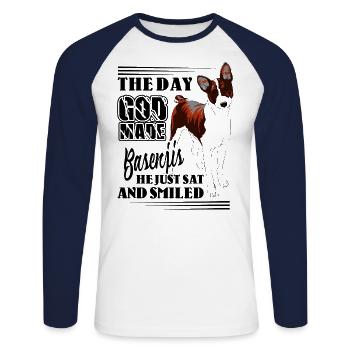 Der Tag, an dem Gott Basenjis machte, saß er nur und lächelte - Unisex Baseballshirt langarm - Weiß/Navy - Vorne - Nik (191cm)
