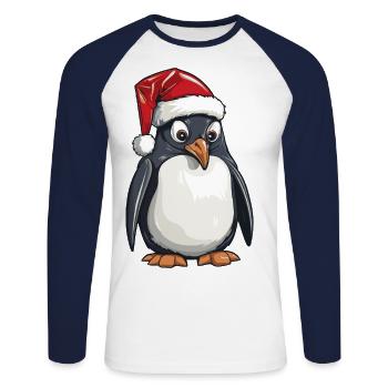 Pingouin Noël Animal Portrait Noël - T-shirt baseball manches longues Homme - blanc/marine - Devant - Nik (191cm)