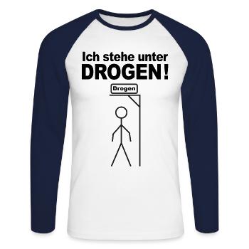Ich stehe unter Drogen, funny, Scherz, lustig - Unisex Baseballshirt langarm - Weiß/Navy - Vorne - Nik (191cm)