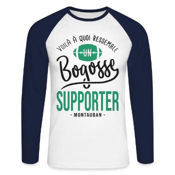 rugby supporter bogosse club rugby US Montauban - T-shirt baseball manches longues Homme - blanc/marine - Devant - Nik (191cm)