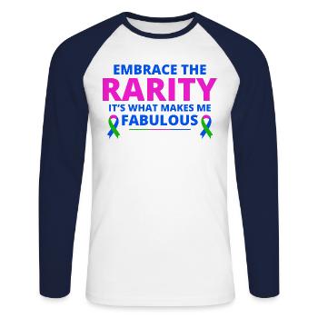 Sensibilisation aux maladies rares : une rareté fabuleuse - T-shirt baseball manches longues Homme - blanc/marine - Devant - Nik (191cm)