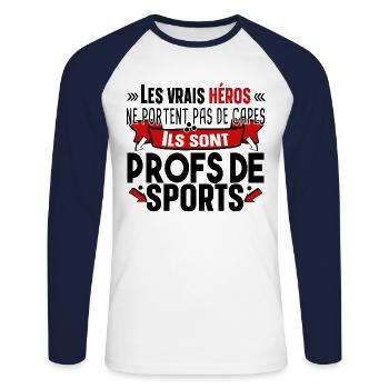 Prof de Sport Professeur Métier Cadeau Humour - T-shirt baseball manches longues Homme - blanc/marine - Devant - Nik (191cm)