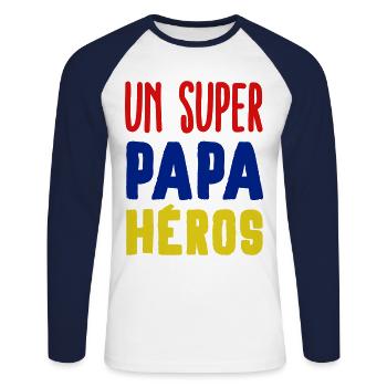 Super papa héros - T-shirt baseball manches longues Homme - blanc/marine - Devant - Nik (191cm)