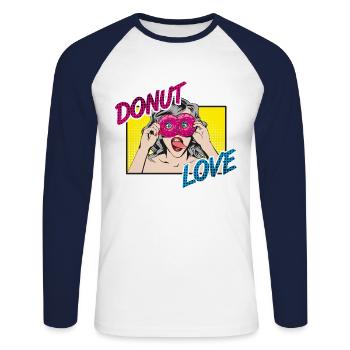 Popart - Donut Love - Zunge - Süßigkeit - Unisex Baseballshirt langarm - Weiß/Navy - Vorne - Nik (191cm)