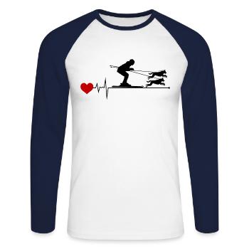 Dog Skijoring Skiing Winter Sport Heartbeat Pulse - Unisex Long Sleeve Baseball T-Shirt - white/navy - Front - Nik (191cm)
