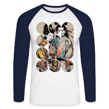 Samurai et Geisha Art Japonais - T-shirt baseball manches longues Homme - blanc/marine - Devant - Nik (191cm)